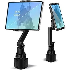 Cup Holder Car Tablet Mount for Truck, 360° Adjustable 15" Long 2-Arm Stand Holder for iPad Pro 12.9/11/10.5/9.7/Air/Mini 6/5/4, Samsung Galaxy Tab/Z Fold 6/5/4, iPhone 16/15/Pro, 4.7-12.9" Tab &Phone