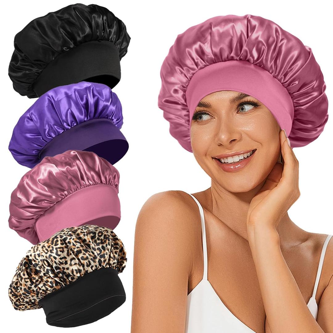 4Pcs Satin Bonnet Silk Bonnet, Hair Bonnet for Sleeping, Elastic Wide Band Sleep Cap, Soft and Breathable Silk Hair Wrap for Sleeping (Black Purple Rose Leopard)