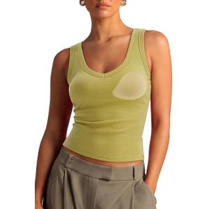 SUUKSESS Women Cotton Ribbed Summer Loose Fit Casual Tops Padded Sleeveless Trendy Tank Tops Basic V Neck Top (Olive Green,Large) (XL)