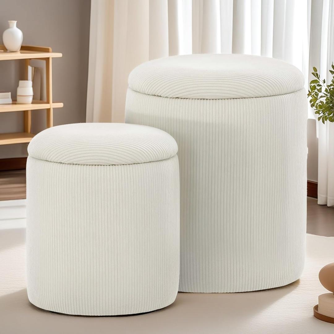 Round Ottoman with Storage, Set of 2, Small Vanity Stool with Storage as Vanity Chair, Corduroy Beige Ottoman Foot Rest for Small Space, Bedroom and Living Room