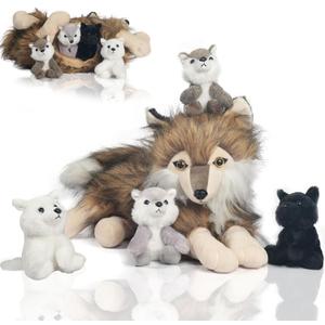5 Pcs Wolf Stuffed Animal Set, 16 Inch Large Mommy Stuffed Wolf Plush Toy with 4 Cute Babies Wolves Inside, Furry Wolves with Pups Soft Plushies for Kids Boys Girls Easter Christmas Birthday Gift
