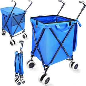 Foldable Shopping Cart with Wheels Wellmax WM99100 Series Grocery Cart on Wheels with Removable Canvas Bag & Cover, Portable Utility Cart for Laundry, Groceries & More Holds 120 lbs (Blue)