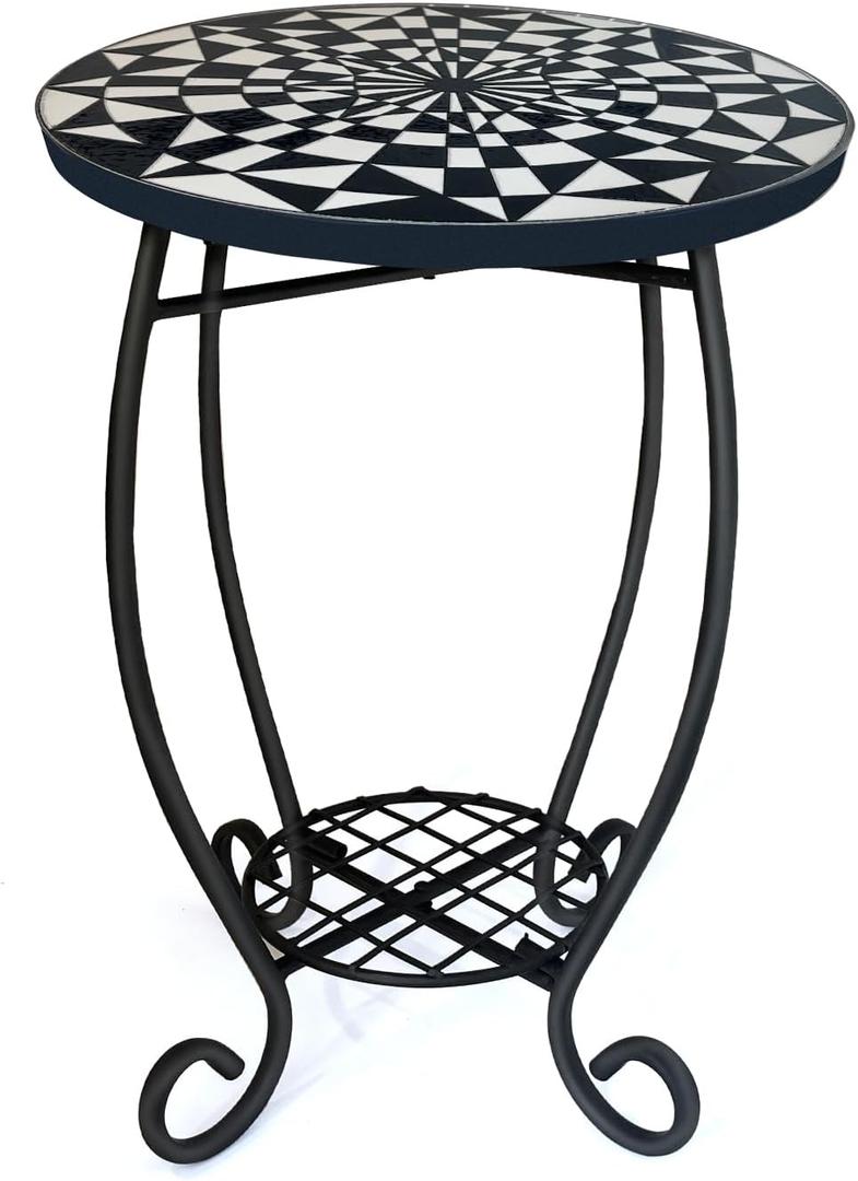 LIFFY Outdoor Side Table,12" Round Ceramic Tabletop Accent Table with Metal Frame, Indoor Small Decorative Plant Stand & End Table for Home, Patio, Garden (White & Black)