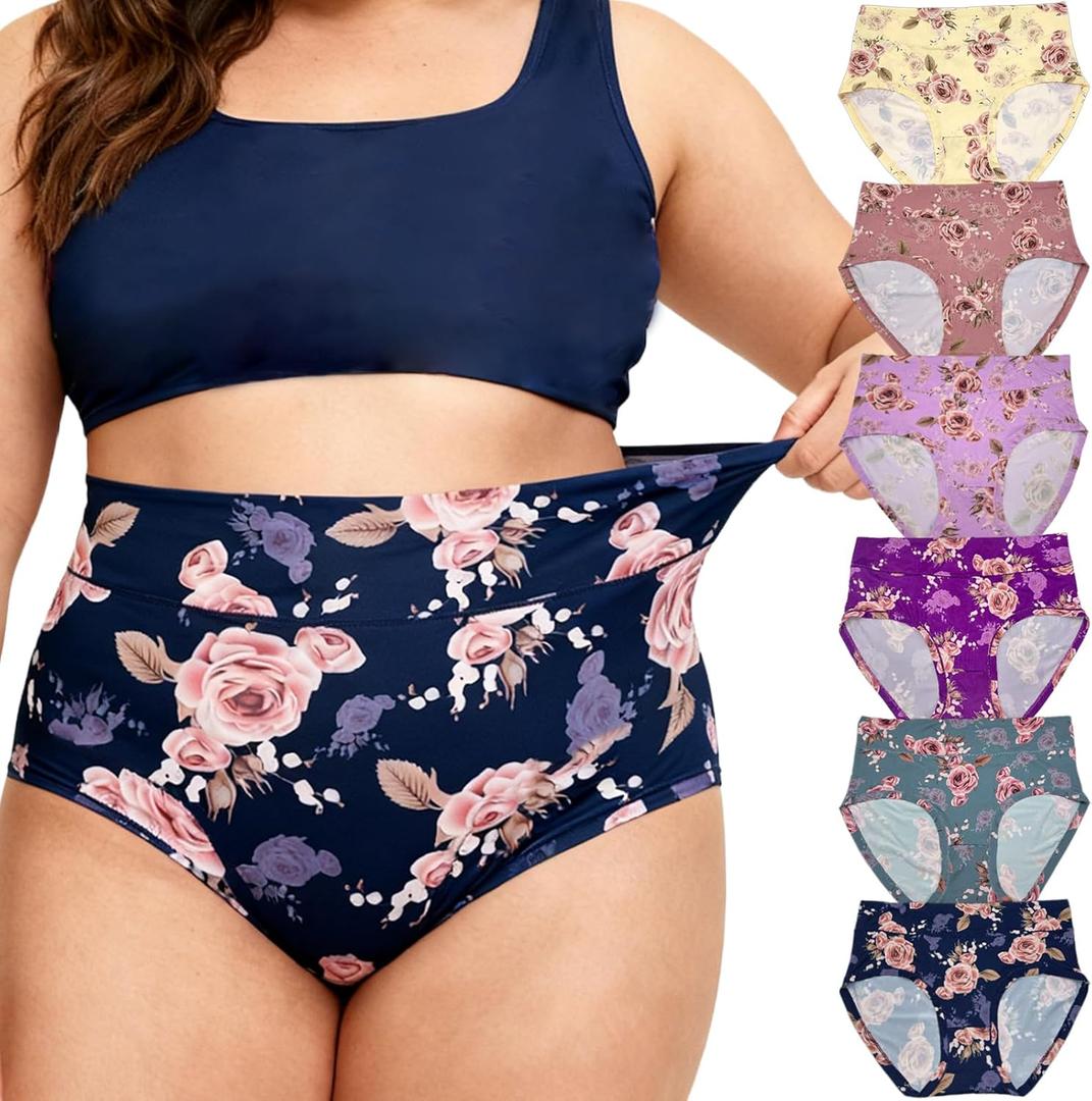 Womens Underwear Ladies Panties Mid High Waist Briefs for Woman Floral Print Pantys 6-Pack (XXL)