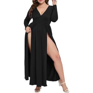SILUI Women's Summer Dress Western Sexy Double High Slit Deep V Neck Plus Size Sundresses Thigh Split Maxi Club Party Dresses (Black)
