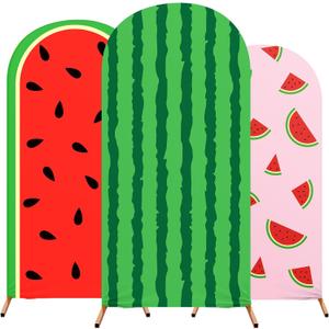Set of 3 Watermelon Arch Backdrop Cover, 4ft, 5ft, 6ft Summer Watermelon Theme Birthday Party Decoration, Spandex Fitted Arch Stand Covers for Wedding Banquets Party