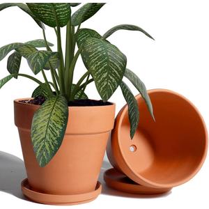 vensovo 8 Inch Clay Pot for Plant with Saucer - 2 Pack Large Terra Cotta Plant Pot with Drainage Hole, Clay Planters Pot, Terracotta pot for Indoor Outdoor Plant (Brown)