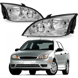 2005 2006 2007 Ford Focus Headlight Assembly for 2005 2006 2007 Ford Focus Clear Lens Chrome Housing with Clear Reflector Headlamp Replacement Left and Right Pair