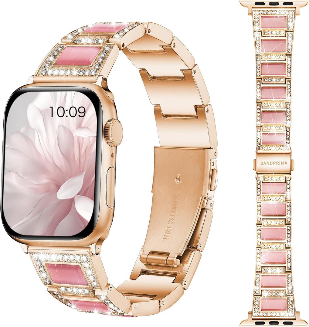 8 Elegant Colors - Dressy Rose Gold iWatch Bands for Women - Compatible with Apple Watch Series 10-1/SE/Ultra, Fits 38mm 40mm 42mm 44mm 46mm - Luxury Designer Bracelet, Bling Jewelry Strap