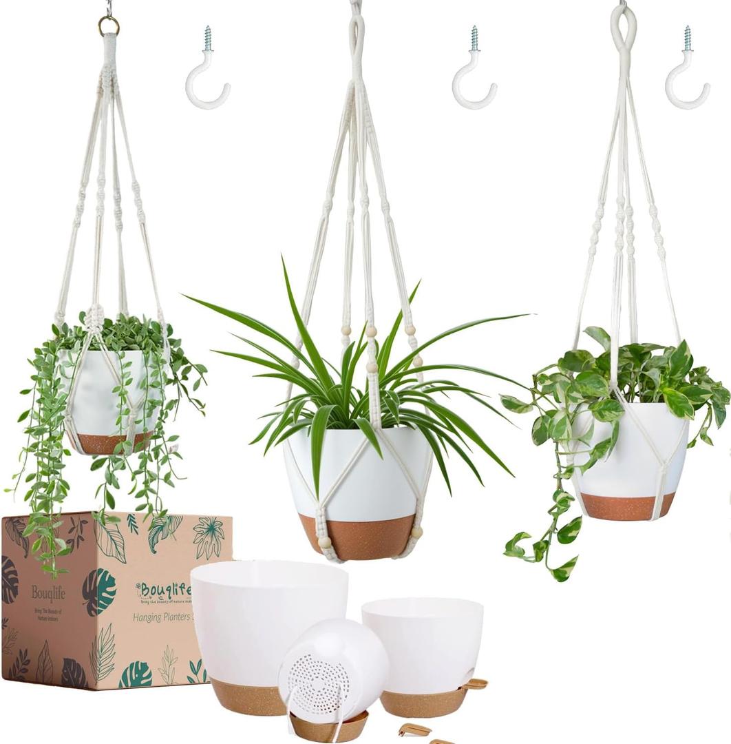 Bouqlife 3 Pack 10/8/7 Inch Hanging Planters for Indoor Plants with Self-Watering Hanging Pots with Drainage, 3 Different Size Macrame Plant Hangers with Hooks White Large