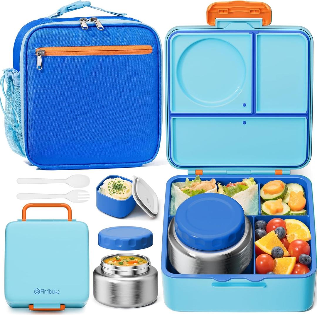 Fimibuke Kids Bento Lunch Box with Thermos, Leakproof Toddler Bento Box with 8.5 OZ Insulated Food Jar, Lunch Bag & Utensils BPA Free Dishwasher Safe 3 or 4 Compartment Container for School Girls Boys (Ocean Life)