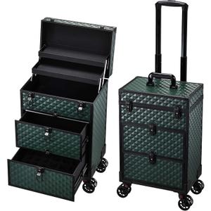 Yueieoun Rolling Makeup Train Case with Wheels 2 Large Drawers Nail Organizer Case Cosmetic Train Cases Traveling Cosmetology Case on Wheels Tattoo Carrying Case Makeup Carts Dark Green