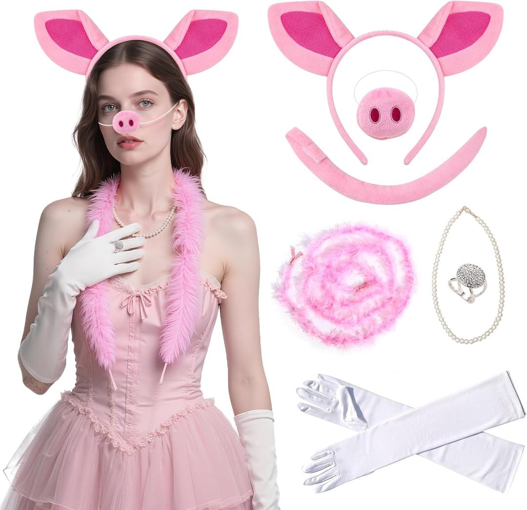 Pig Costume Set, Pink Animal Cosplay Outfit with Pig Ears Headband Nose Bow Tie Tail Gloves for Fancy Dress Parties
