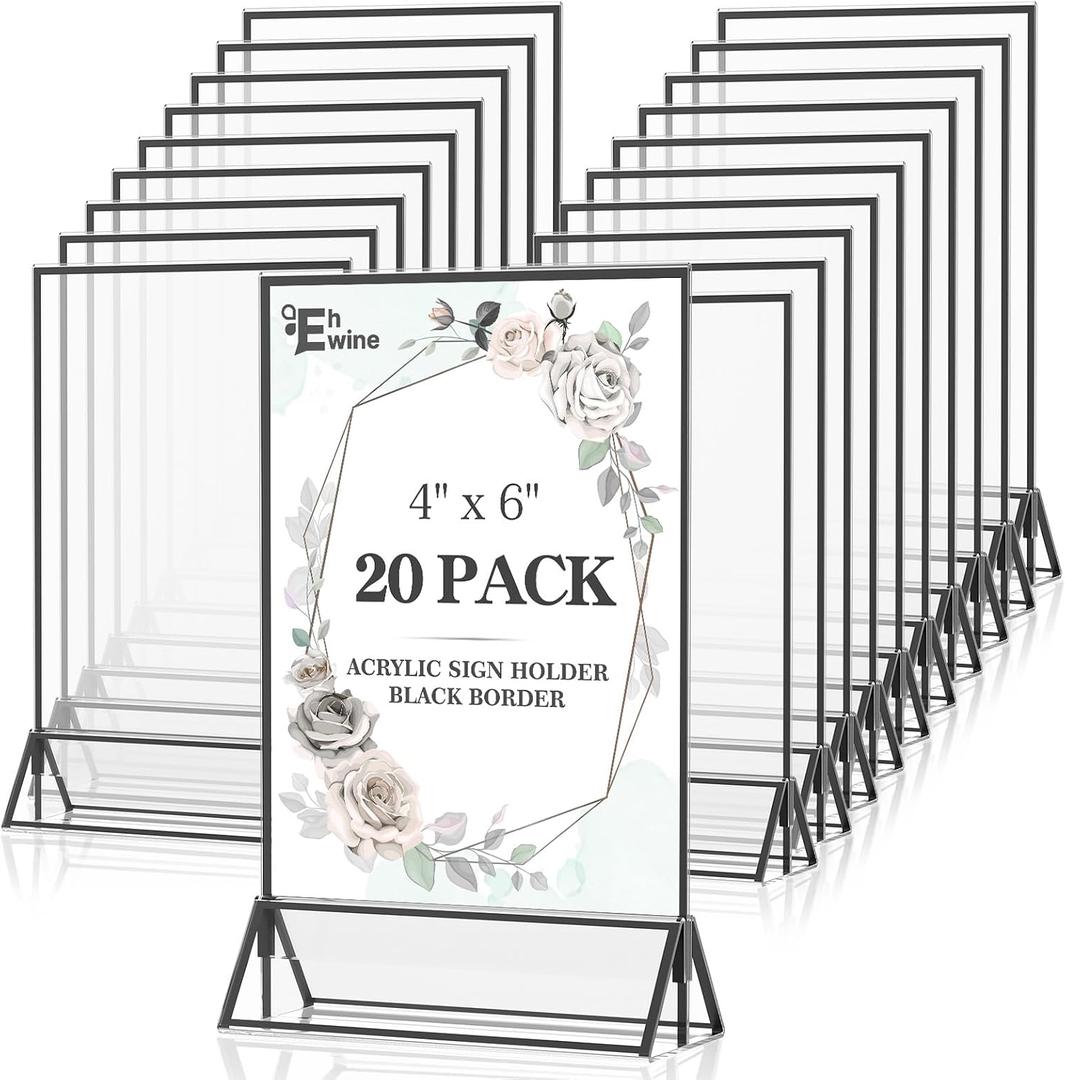 EHWINE 20 Pack Acrylic Sign Holder 4 x 6, Double Sided Black Picture Frame Stand up Table Top Sign Holders, Clear Display Stand Menu Flyer Holder for Wedding Party