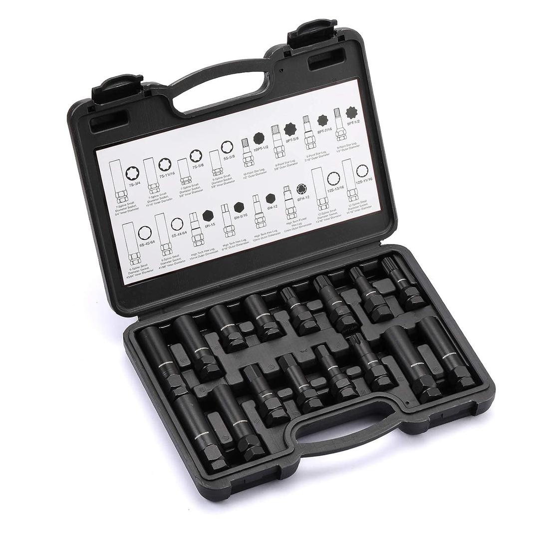MIXPOWER 16-Piece Locking Lug Nut Master Key Set of Spline Star and Hex Style Keys, Wheel Lock Removal Kit, Thin-Walled and Long Lug Keys to Prevent Damage to Wheels Double-Hex Heads