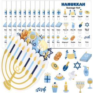 Hanukkah Scavenger Hunt Game Chanukah Decoration Including 15 Scavenger Hunt Cards 45 Felt Chanukah Element Pieces with Menorah Bag for Kids Adults Hanukkah Party Activities