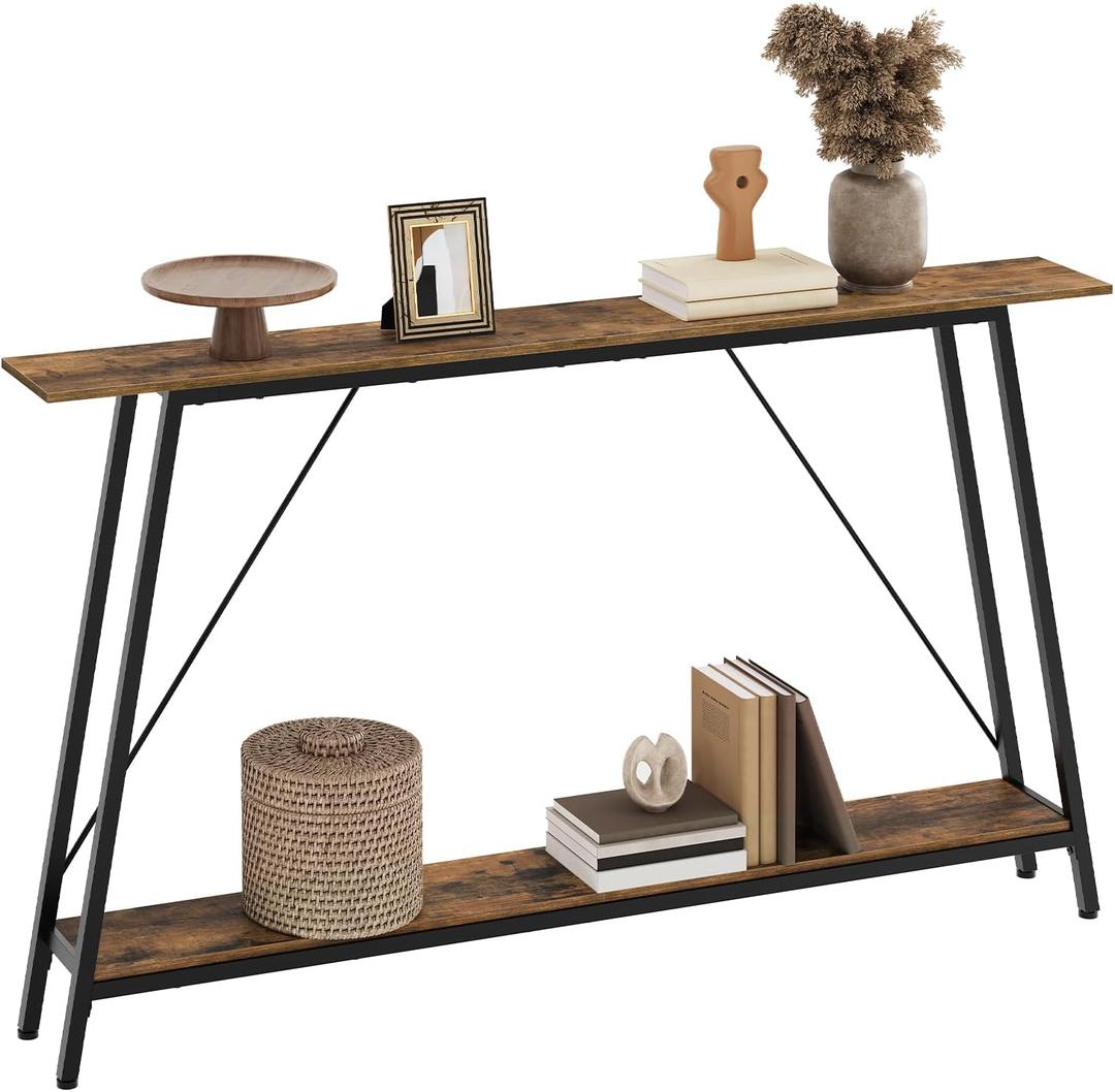 Console Table, 55'' 2-Tier Sofa Tables with Storage, Narrow Entryway Table, Behind Couch Hallway Table Skinny for Entryway, Living Room, Foyer, Rustic Brown and Black CT14BR