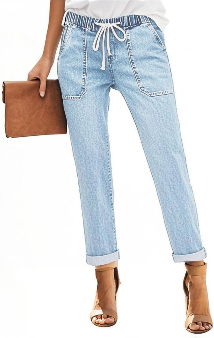 Sweezarmo Women's Pull On Solid Color Jeans Drawstring Elastic Waist Denim Stretch Joggers for Women (Blue, XL)