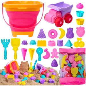 Sloosh Beach Sand Toys Set - Pink Dump Truck Car Toy with Sand Molds, Collapsible Buckets Mesh Bag Shovels Castle Ice Cream Mold for Ages Kids Toddlers Sandbox Toys Gifts Travel Vacation (Foods)