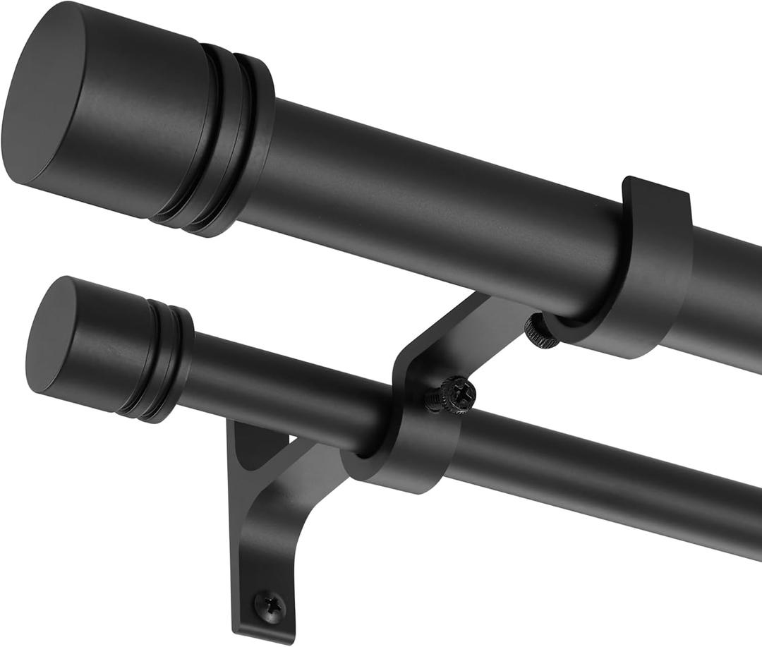 Double Curtain Rods 72-144 Inches for Windows, 1 Inch Diameter Adjustable Heavy Duty Drapery Rod with Aluminum Alloy Brackets and Finials, Modern Stylish Dual Curtains Rod, Matte Black