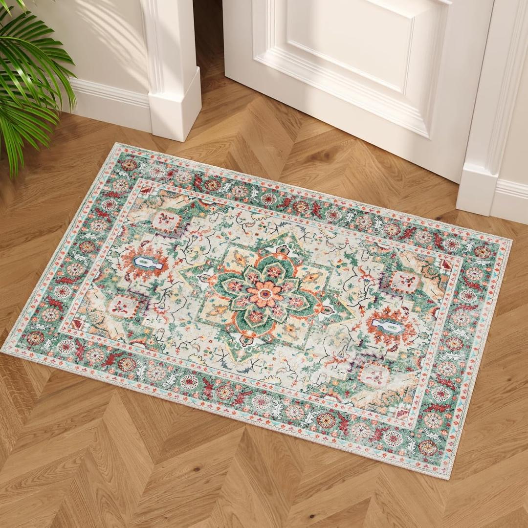 Vintage Rugs for Entryway, 2x4 Washable Low Pile Rug, Small Front Door Non-Slip Area Rug for Kitchen, Throw Rugs with Rubber Backing, Soft Boho Indoor Entrance Bedroom Entry Carpet mat (Cream/Green)