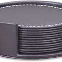 A Set of Brown PU Leather Drink Coasters 6pcs Leather Coasters with Holder for Glass Coffee Cup & Mug Tabletop Furniture Protection Bar Kitchen Dinning Accessories