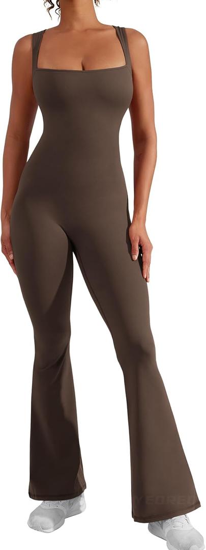YEOREO Women Flare Jumpsuits Gym Sleeveless Square Neck Full Length One Piece Yoga Jumpsuit Coffee L (S)