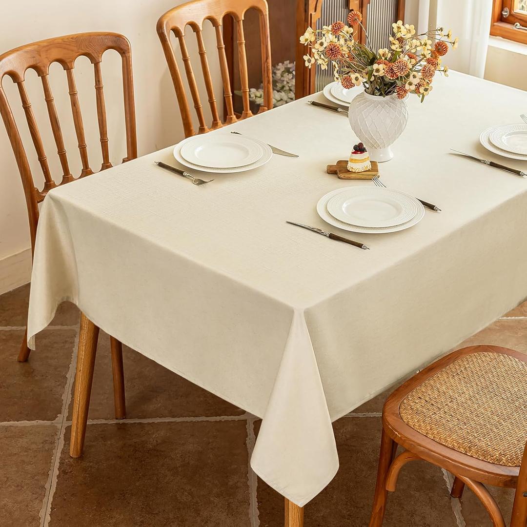 Seenus Fabric Beige Tablecloth for 4 Foot Rectangle Table Faux Linen Textured Water Resistant & Washable Rectangular Table Cloth Reusable for Dinning Kitchen Party 52 x 70 Inch