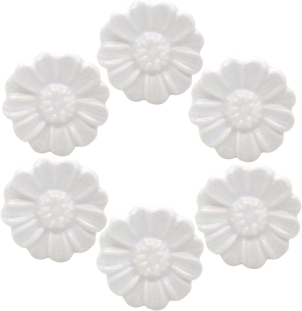 6PCS Vintage Floral Daisy Ceramic Dresser Drawer Knobs Elegant Cabinet Cupboard Door Hardware Pull Handles w/Screws White