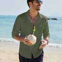 Alimens & Gentle Mens Cotton Linen Textured Shirt Long Sleeve Button Down Shirts Casual Summer Beach Wedding Tops with Pocket (Green, L)