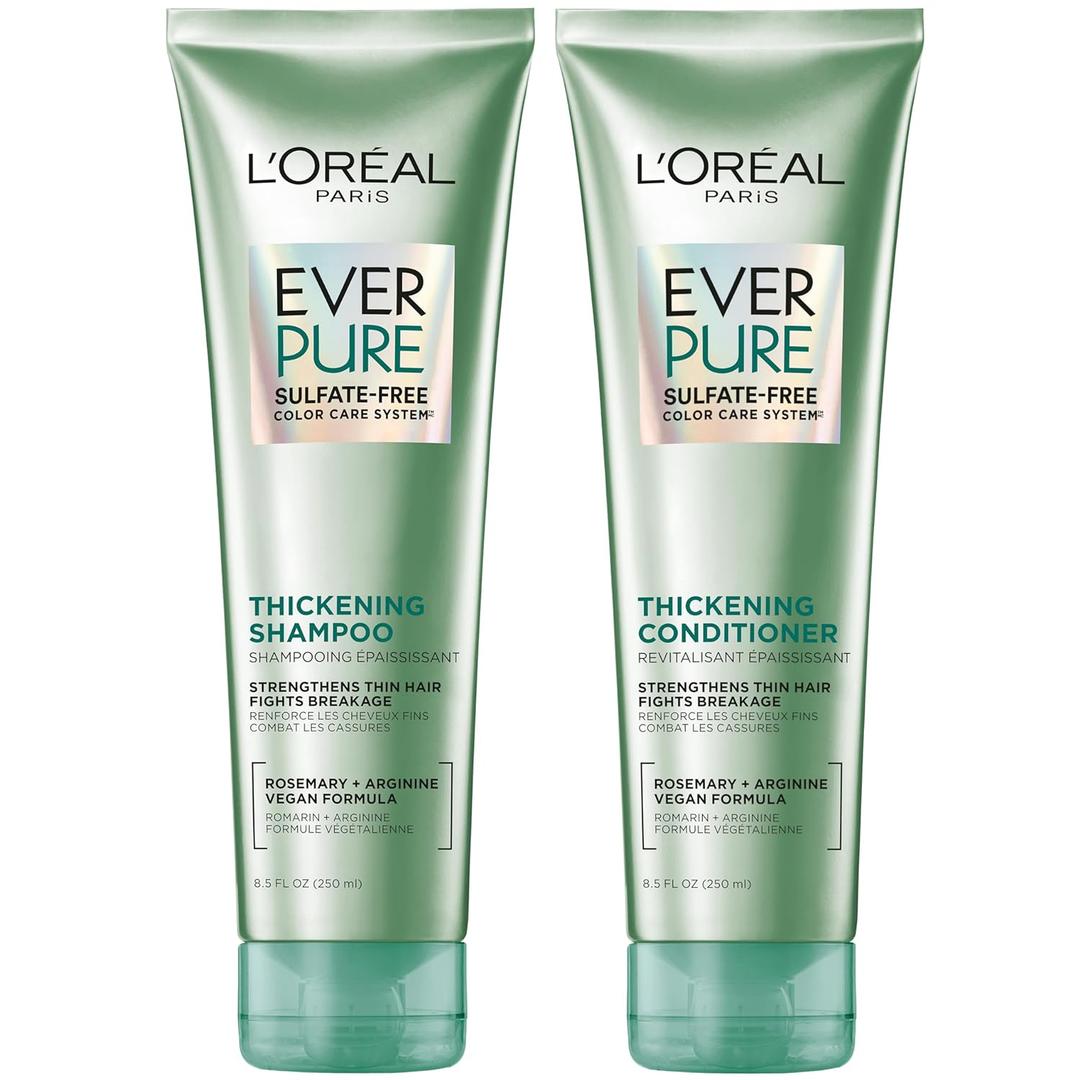L'Oreal Paris Thickening Sulfate Free Shampoo and Conditioner, Thickens + Strengthens Thin, Fragile Hair, EverPure, 1 Hair Care Kit, 8.5 Oz (Pack of 2)