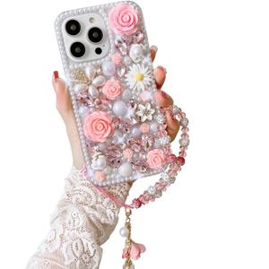 for Samsung Galaxy S22 Plus S22+ Diamond Case Luxury Cute Bling Glitter Crystal Rhinestone 3D Rose Flowers Pearl Handmade Phone Cover for Women Girls with Bracelet Lanyard,Pink