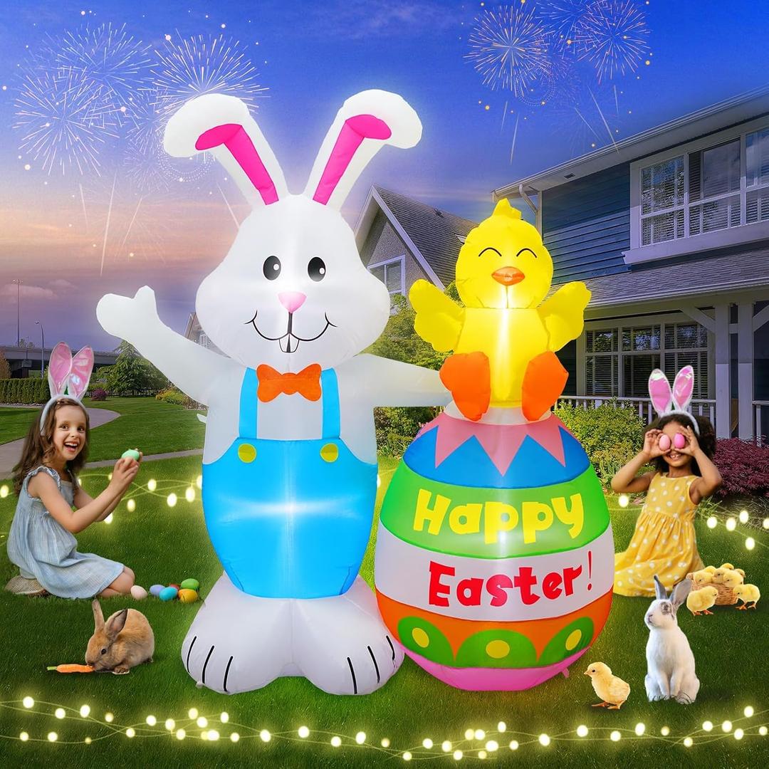 6FT Easter Inflatables Bunny & Chick Sitting on Easter Egg Decoration, Easter Blow up Yard Decoration Rabbit and Chicken Inflatable Built-in 4 LED for Easter Party Indoor Outdoor Lawn Decor