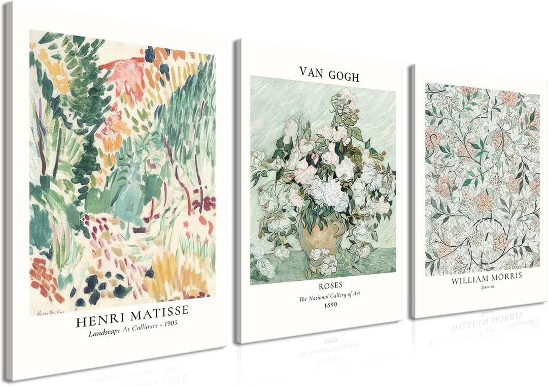 Framed Sage Green Canvas Wall Art Set of 3, Vintage Matisse Botanical Aesthetic Wall Decor Painting, Abstract Van Gogh Flower Picture Posters Prints for Bedroom Living Room Home Decor 16x24 In