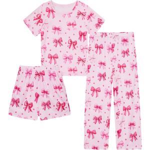 Funnycokid Girls Pajamas 3 Piece Short Sleeve Shirt Top Pants Shorts with Pockets 7-14 Years (Pink)