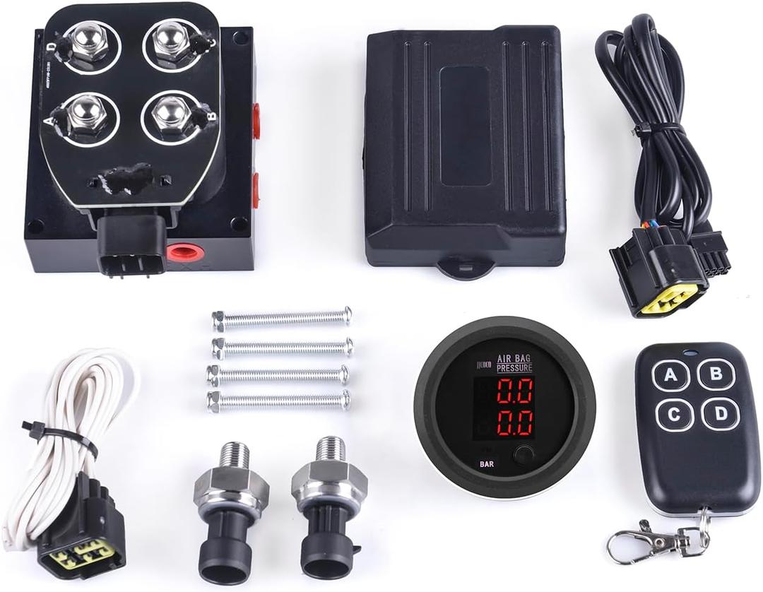 12V Solenoid Valve Air Ride Suspension manifold valve with remote controller 0-200psi, equipped with double display air pressure gauge red