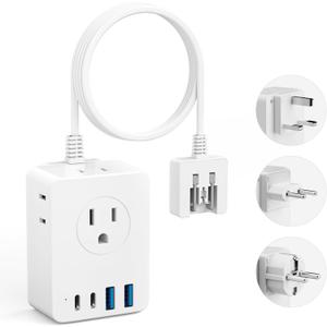 Kakyanill European Travel Plug Adapter, 5ft Detachable Extension Cord with Type C/G/E/F Plug Kit, 4 AC Outlets, 4 USB Ports (2 USB C), UK Germay France Greece Travel Plug Adapter