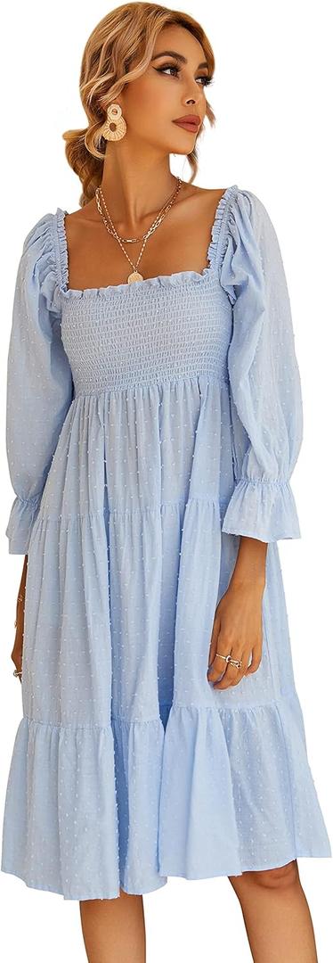 R.Vivimos Women's Summer Cotton Plaid Puff Sleeves Bow Casual Off-Shoulder Boho Midi Dress (Sky blue)