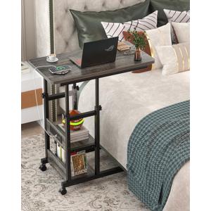 Height Adjustable End Table with Charging Station, Mobile C Shaped Laptop Side Table with Wheels, 3-Tier Sofa Couch Table with Storage Shelve for Living Room Bedroom, Grey Oak