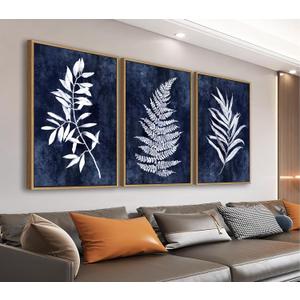 Large Framed Canvas Wall Art - Natural Float Framed Rustic White Leaf Pictures Wall Art Prints for Living Room Decor Indigo Plant Artwork Decorations for Bedroom Kitchen Home Office 72" X 36" Set of 3