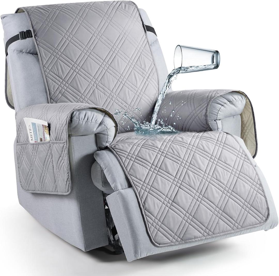 TAOCOCO 100% Waterproof Recliner Chair Cover with Double Straps, Oversized Recliner Covers for Large Recliner Chair, Non Slip Reclining Chair Cover for Kids, Pets (28'', Light Grey)