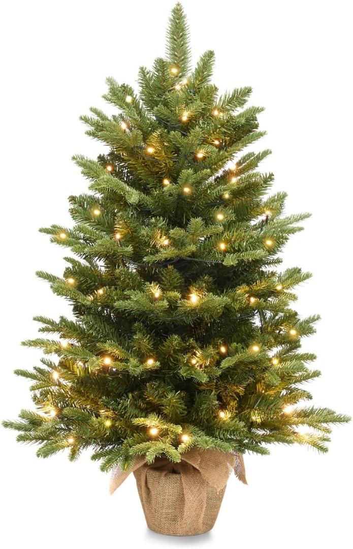 Somikis 3ft Pre-Lit Premium Artificial Mini Christmas Tree with 85 LED Lights and Realistic Nordic Spruce, Solid Cement Burlap Base Basin, for Xmas Home, Office, Tabletop, Party Decoration