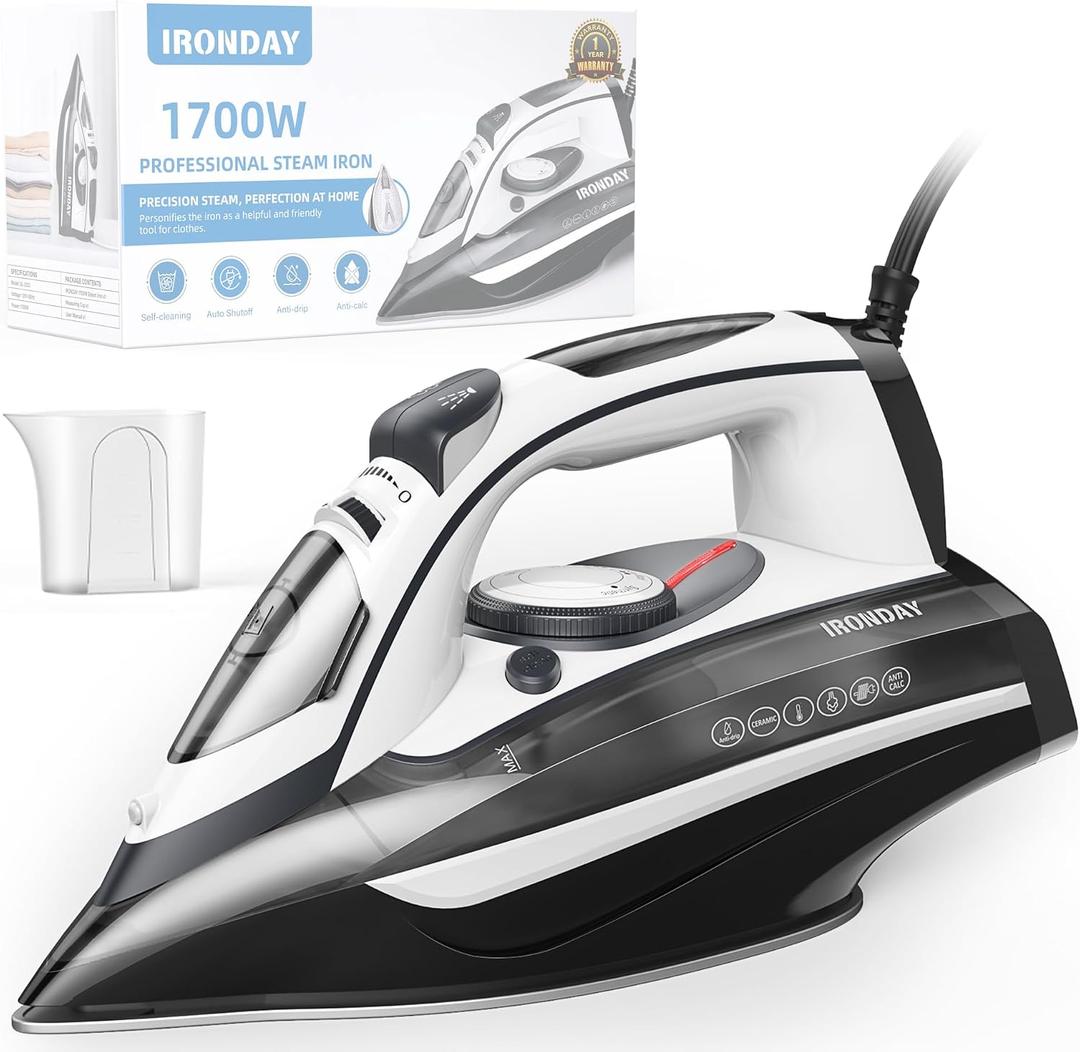 IRONDAY Steam Iron for Clothes 20s Fast Heat-up,1700W Iron with 14.07oz Large Water Tank,Non-Stick Ceramic Soleplate, Anti-Drip, Auto-Off, Burst Steam, Self-Cleaning, Ironing Clothes for Home, Grey