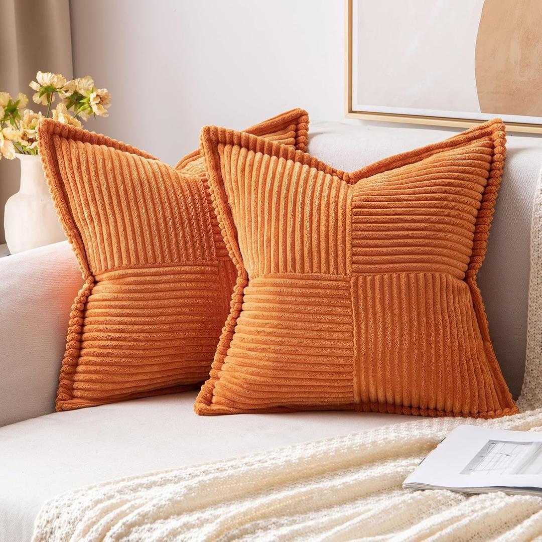 MIULEE Orange Decorative Throw Pillow Covers for Couch Bed Livingroom 18x18 Inch Set of 2 Boho Accent Throw Pllows Broadside Striped Patchwork Soft Corduroy Pillowcases