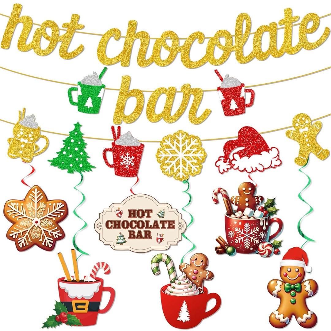 Hot Chocolate Bar Banner Merry Chritmas Decoration Christmas Party Decorations with Banner Christmas Garland Hanging Swirls for Christmas Holiday Theme Party Decor