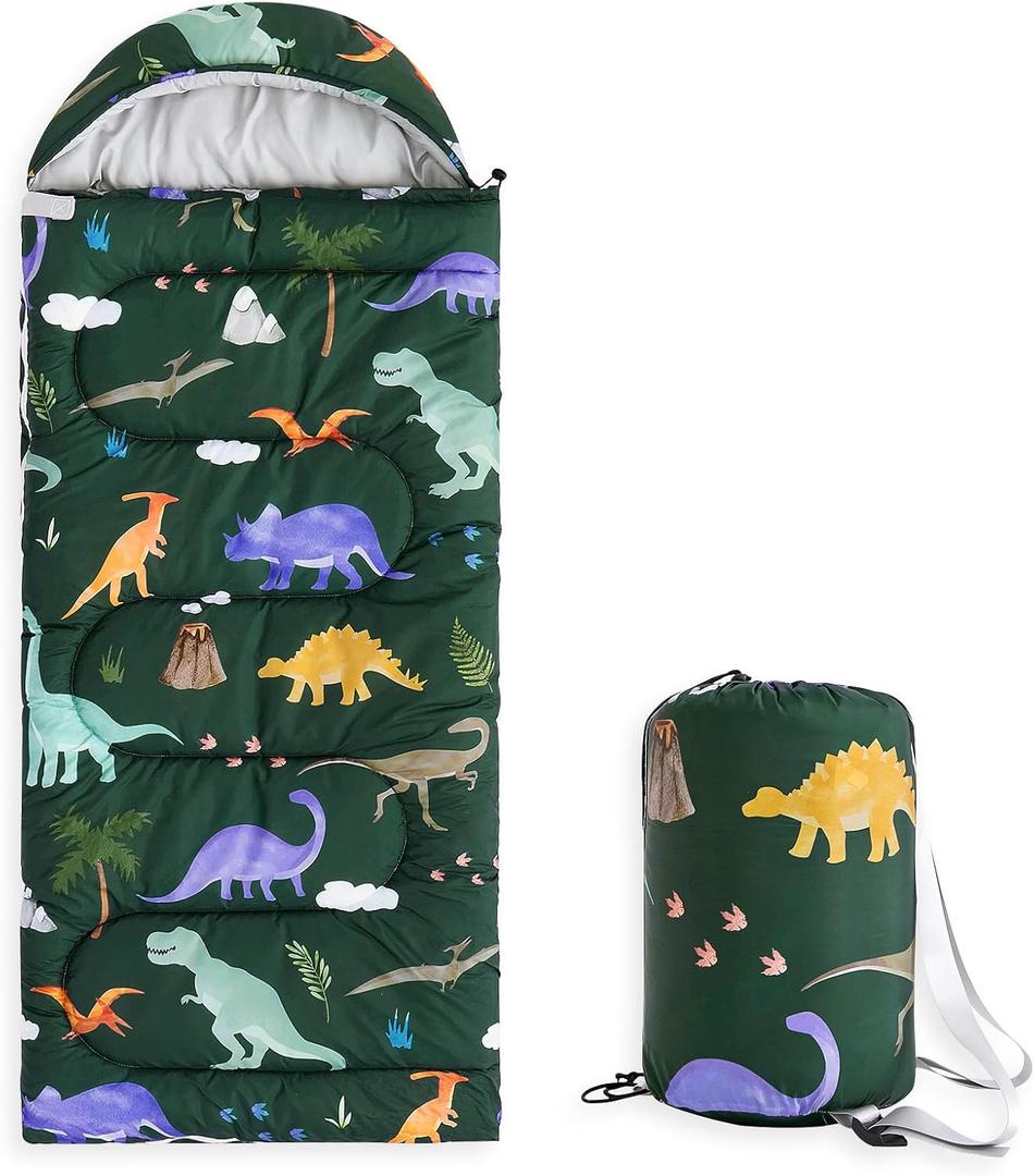 Wake In Cloud - Kids Sleeping Bag for Boys Toddlers, Camping in Warm Cold Weather, Backpacking Lightweight Compact Outdoor Liner for 3 Seasons, Watercolor Dinosaurs (Standard 61x26, Dark Green)