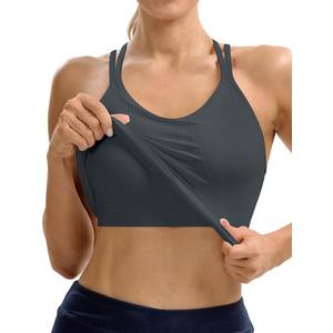 MathCat Ribbed Workout Tank with Built in Bra, V Neck Crisscross Back Yoga Longline Top, Wirefree Spaghetti Strap Gym Shirts, S