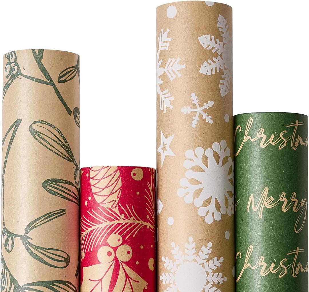 YANGTE Vintage Recyclable Christmas Wrapping Paper Rolls, Brown Kraft Wrapping Paper with Red and Green Pattern, Holiday Gift Wrapping Paper Christmas Rolls, 17x120 inch, 4 Rolls