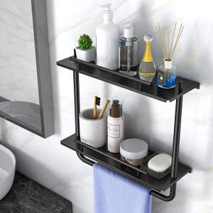 Floating Shelves, 2 Tier Wall Mounted Metal Floating Shelves Black with Frame and Towel Rack for Bathroom, Living Room, Bedroom, Kitchen