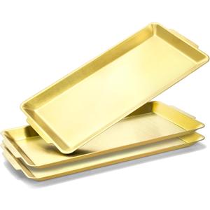 ZENFUN 3 Pack 304 Stainless Steel Serving Platters, 12.6" Rectangle Metal Dinner Plates with Handles, Decorative Organizer Trays for BBQ, Dining, Party, Buffet, Appetizer Serving(Gold)